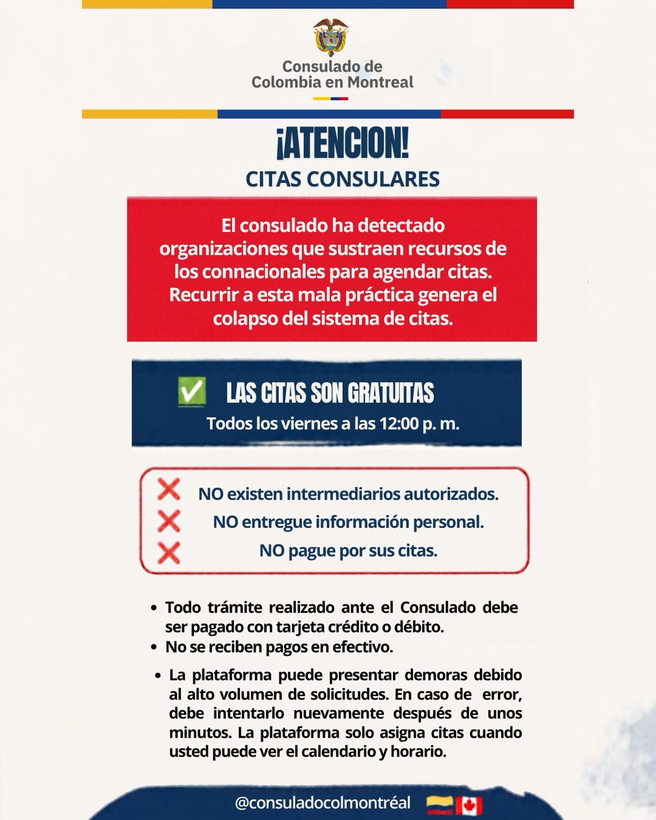 Citas del Consulado de Colombia en Montreal son gratis: alerta por cobros de terceros