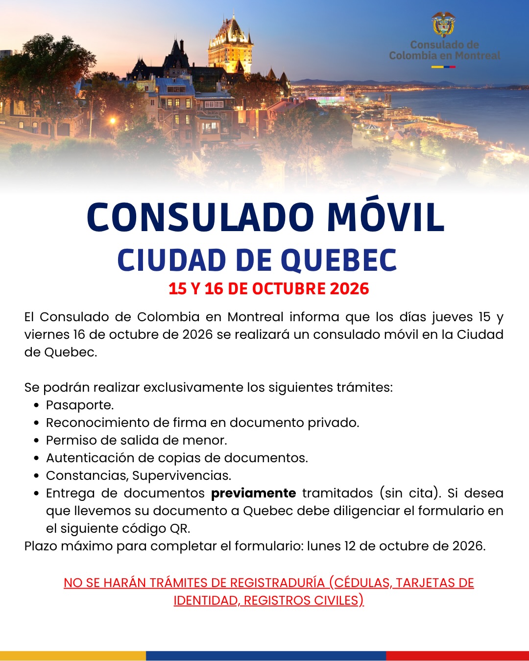 Consulado Móvil de Colombia en la Ciudad de Quebec: 15 y 16 de octubre de 2026